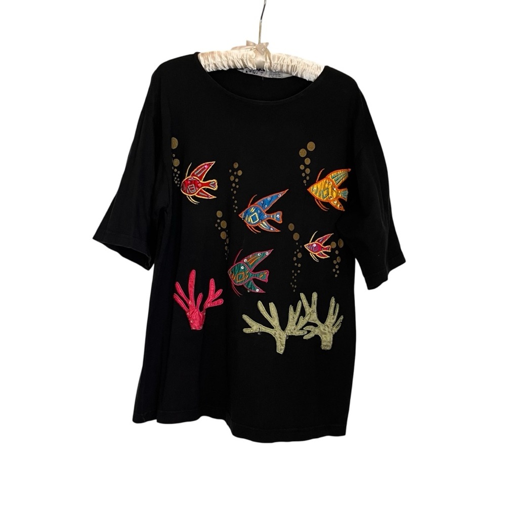Vintage Reference Point Women Vibrant Embroidered Fish T-Shirt Sz L Short Sleeve